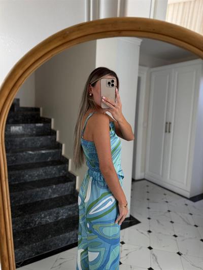 Desenli Mavi Askılı Bluz Pantolon Takım
