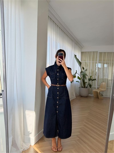 Dikiş Detaylı Denim Elbise 