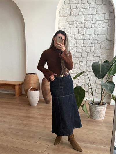 Dikiş Detaylı Kot Etek