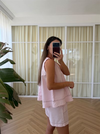 Dikiş Detaylı Pembe Şort Takım