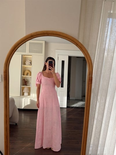 Diva Çiçek Nakışlı Pembe Balon Kol Elbise
