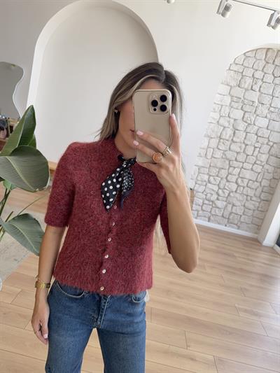 Dova Bordo Kısa Kollu Fularlı Triko
