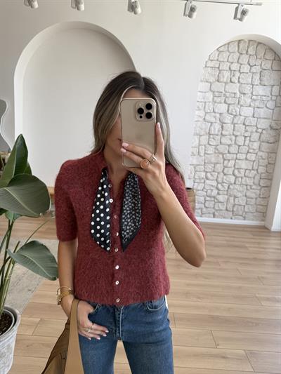 Dova Bordo Kısa Kollu Fularlı Triko