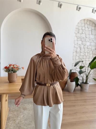 Drapeli Balon Kol Camel Saten Bluz