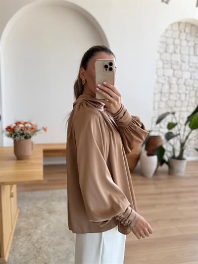 Drapeli Balon Kol Camel Saten Bluz