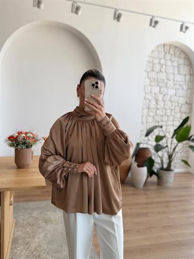 Drapeli Balon Kol Camel Saten Bluz