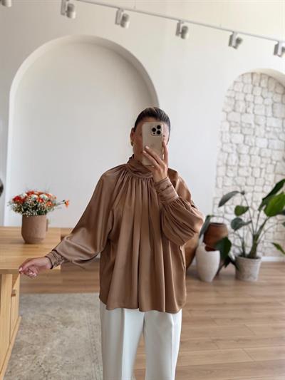 Drapeli Balon Kol Camel Saten Bluz