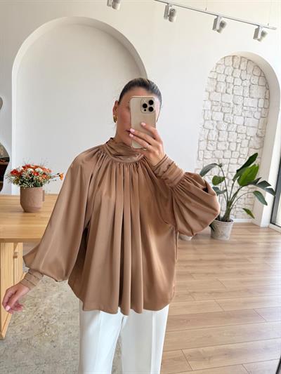 Drapeli Balon Kol Camel Saten Bluz