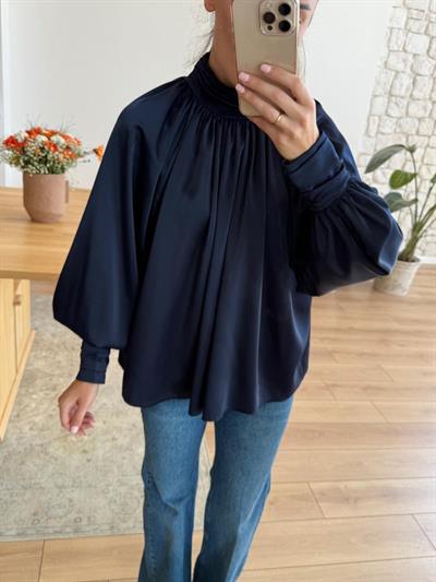 Drapeli Balon Kol Lacivert Saten Bluz