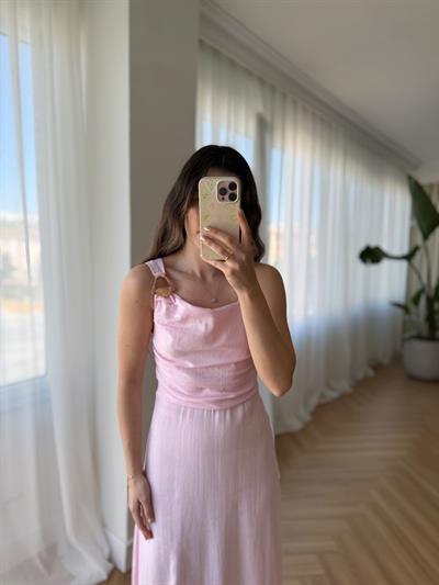 Drapeli Tokalı Pembe Elbise