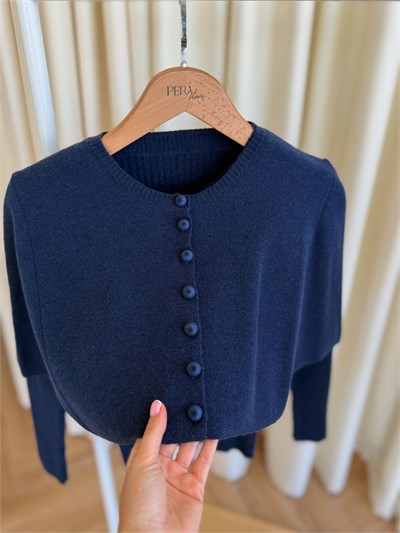 Düğme Detaylı Lacivert Pelerin Triko