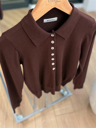 Düğmeli Polo Yaka Kahverengi Triko
