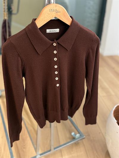 Düğmeli Polo Yaka Kahverengi Triko