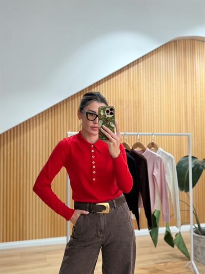 Düğmeli Polo Yaka Kırmızı Triko