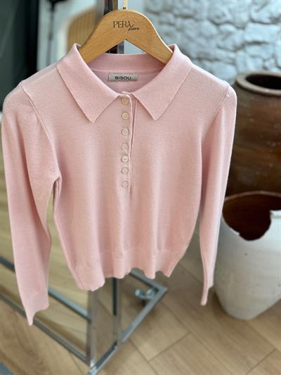 Düğmeli Polo Yaka Pembe Triko