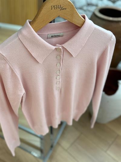 Düğmeli Polo Yaka Pembe Triko