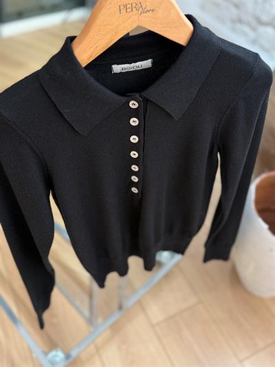 Düğmeli Polo Yaka Siyah Triko