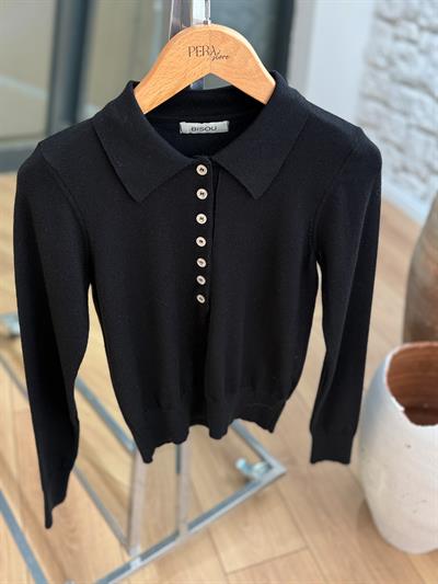 Düğmeli Polo Yaka Siyah Triko