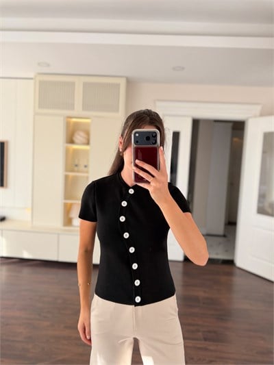 Düğmeli Siyah Çelik Örme Triko Hırka