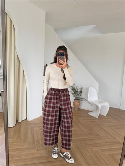 Ekose Bordo Beli Lastikli Pantolon