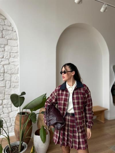Ekose Desen Bordo Bomber Ceket