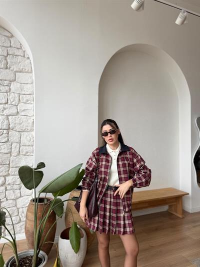 Ekose Desen Bordo Bomber Ceket