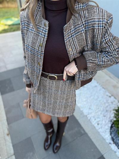 Ekose Desen Kahverengi Kaşe Takım