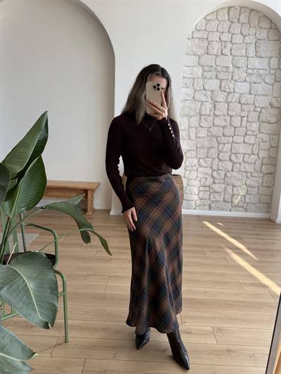 Ekose Desen Kahverengi Lacivert Saten Etek
