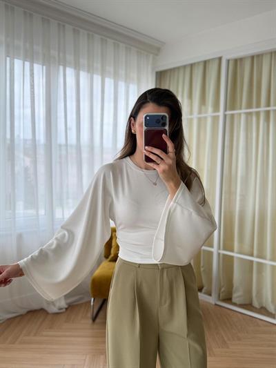 Ekru Büzgülü Yarasa Kol Body