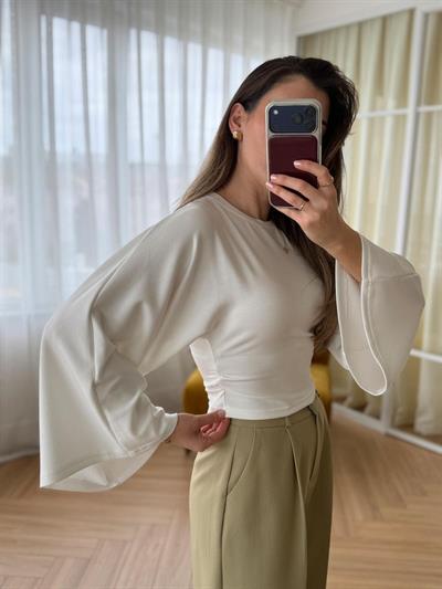 Ekru Büzgülü Yarasa Kol Body