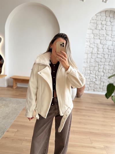 Ekru Kaşe Biker Mont