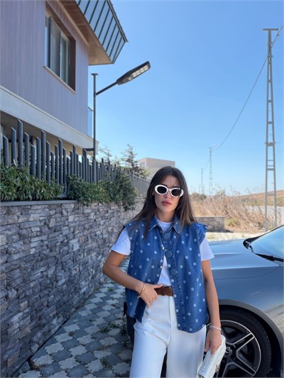 Ekru Puantiyeli Denim Yelek