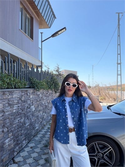 Ekru Puantiyeli Denim Yelek