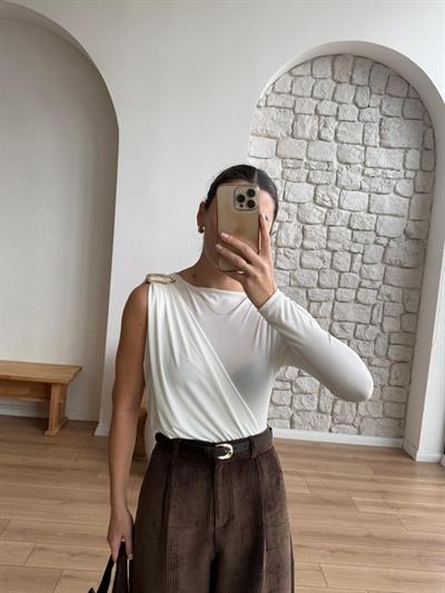 Ekru Tek Omuz Bodysuit