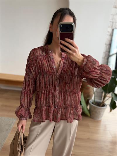 Elya Şal Desenli Bordo Gömlek