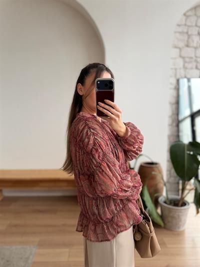 Elya Şal Desenli Bordo Gömlek