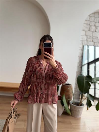 Elya Şal Desenli Bordo Gömlek