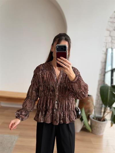 Elya Şal Desenli Kahverengi Gömlek