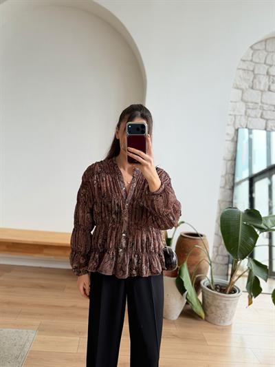 Elya Şal Desenli Kahverengi Gömlek