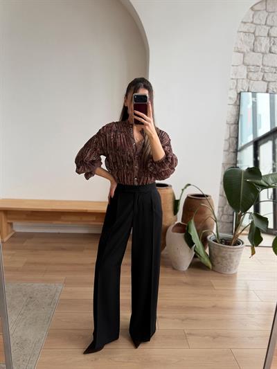 Elya Şal Desenli Kahverengi Gömlek