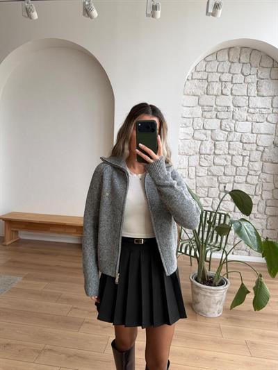 Fermuarlı Gri Hırka