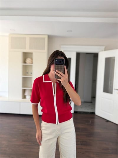 Fermuarlı Kırmızı Merserize Triko