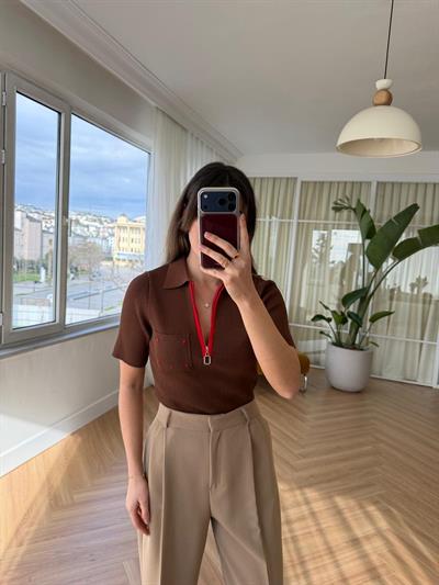 Fermuarlı Polo Yaka Kahverengi Triko