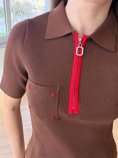 Fermuarlı Polo Yaka Kahverengi Triko