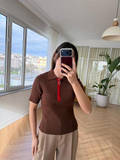 Fermuarlı Polo Yaka Kahverengi Triko