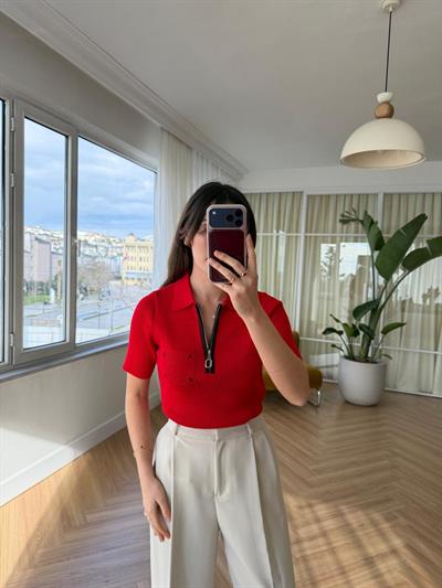 Fermuarlı Polo Yaka Kırmızı Triko