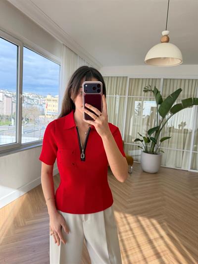 Fermuarlı Polo Yaka Kırmızı Triko