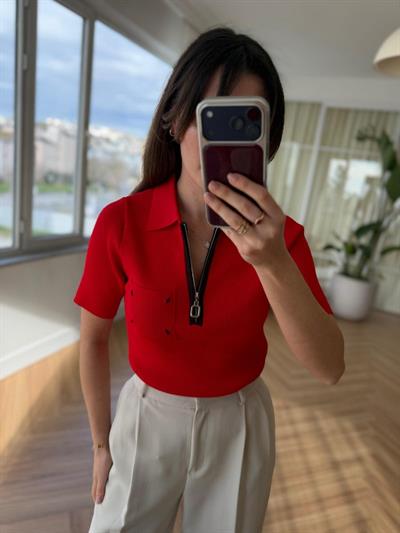 Fermuarlı Polo Yaka Kırmızı Triko