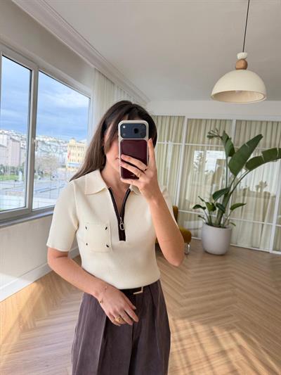 Fermuarlı Polo Yaka Krem Triko