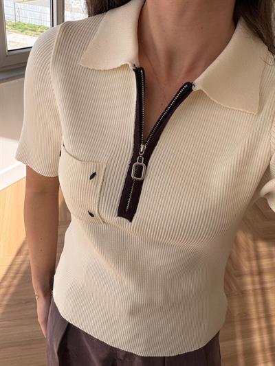 Fermuarlı Polo Yaka Krem Triko